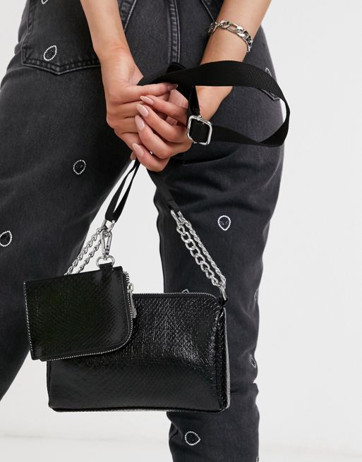 Asos Design multi pouch crossbody bag in Black Faux Snake Purse