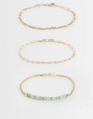 Asos Design Multi-row Anklet With Green Beads-gold