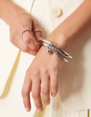 Asos Design Multi-row Bangle With Spherical Ring Detail In Metallic