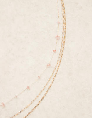 Asos Design Multi-row Belly Chain With Faux Semi Precious Rose Chippings And Gold Tone Chains