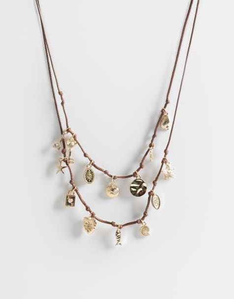 ASOS DESIGN multi-row brown corded necklace with sea-life charms in gold tone - view 1