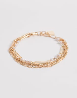 Asos Design Multi-row Chain Bracelet With Faux-pearl Details In Gold