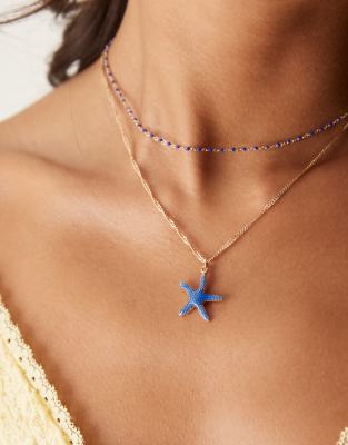 Asos Design Multi-row Chain Necklace With Blue Starfish Pendant