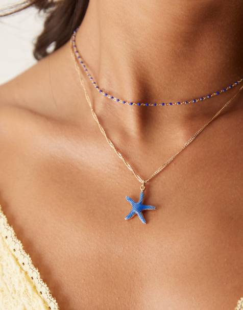 ASOS DESIGN multi-row chain necklace with blue starfish pendant in gold tone - view 1