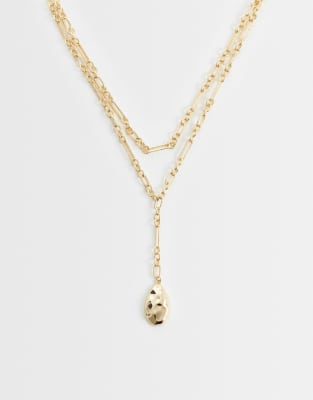 Asos Design Multi-row Chain Necklace With Molten Pendant Lariat Detail In Green