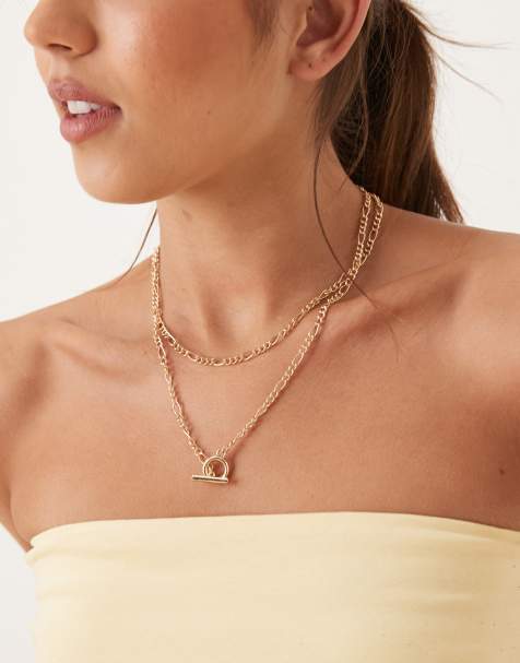 ASOS DESIGN multi-row chain necklace with t-bar detail in gold tone - view 1