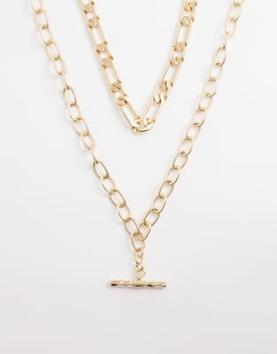 Asos Design Multi-row Chain Necklace With T-bar In Gold