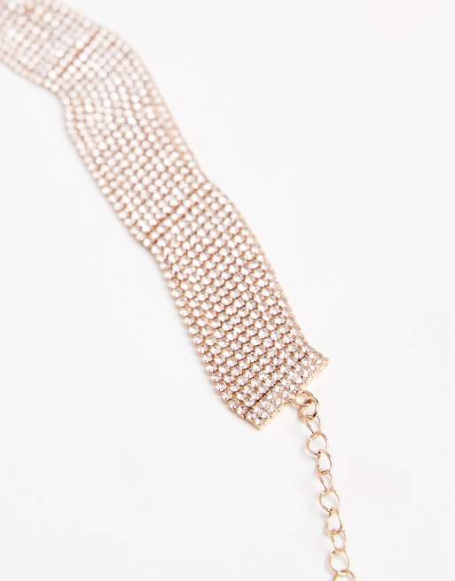 ASOS DESIGN multi-row choker with faux sparkly crystal detail in gold tone, 2 of 3