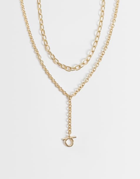 ASOS DESIGN multi-row chunky chain necklace with t-bar pendant in gold tone - view 1