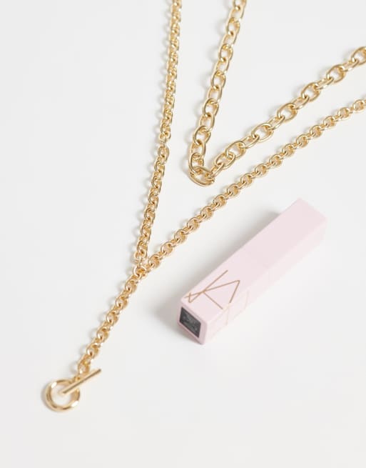 ASOS DESIGN multi-row chunky chain necklace with t-bar pendant in gold tone, 2 of 4