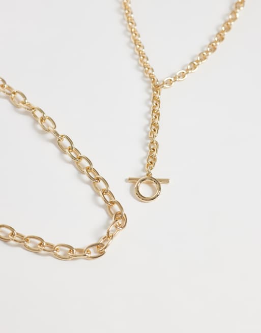 ASOS DESIGN multi-row chunky chain necklace with t-bar pendant in gold tone, 4 of 4