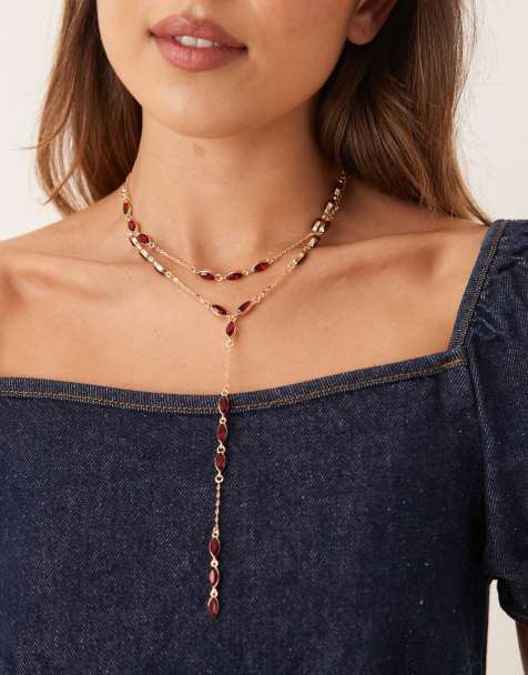 ASOS DESIGN multi-row lariat necklace with faux gem stone embellishment in gold tone - view 1