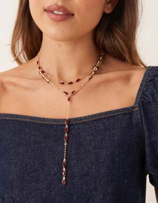 Asos Design Multi-row Lariat Necklace With Faux Gemstone Embellishment In Gold
