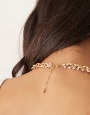 Asos Design Multi-row Lariat Necklace With Faux Pearls And Cross Detail