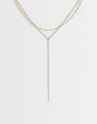 Asos Design Multi-row Lariat Necklace With Fine Chain In Gold