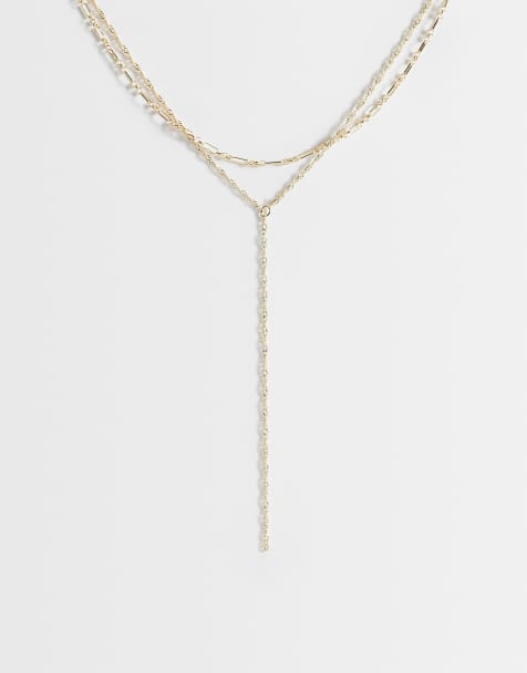 ASOS DESIGN multi-row lariat necklace with fine chain in gold tone - view 1