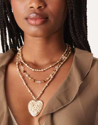 Asos Design Multi-row Layered Neckace With Large Heart Pendant In Gold