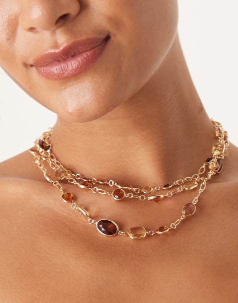 ASOS DESIGN multi-row necklace amber-stone set necklace in gold tone - view 1