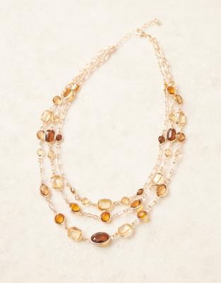 Asos Design Multi-row Necklace Amber-stone Set Necklace In Gold