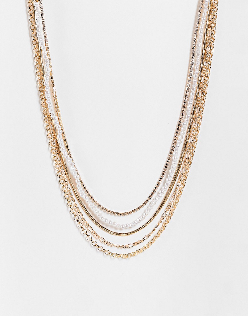 ASOS DESIGN multi row necklace in chain and pearl design-Gold