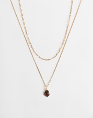 Asos Design Multi-row Necklace With Amber Pendant In Gold