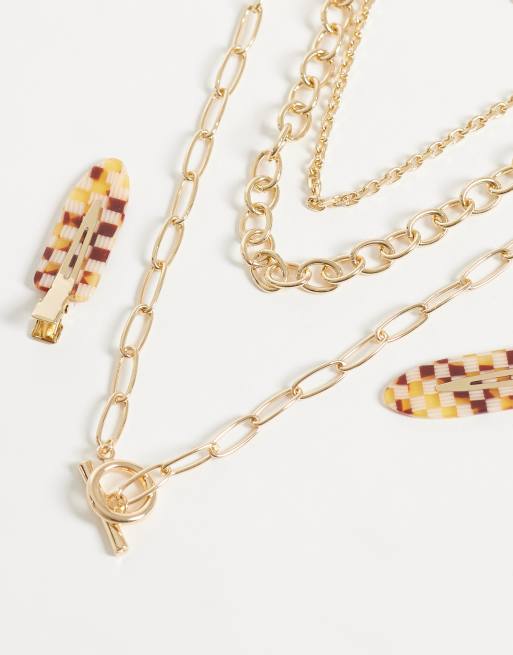 ASOS DESIGN multi-row necklace with chunky chains and t-bar detail in gold tone, 2 of 4