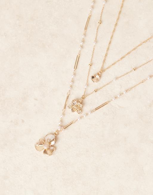 ASOS DESIGN multi row necklace with dot-dash chain and floral details in gold tone