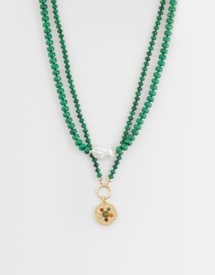 Asos Design Multi-row Necklace With Faux-malachite Stones In Green