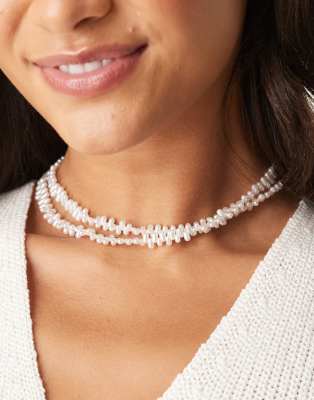 Asos Design Multi-row Necklace With Faux Pearl Chippings-white