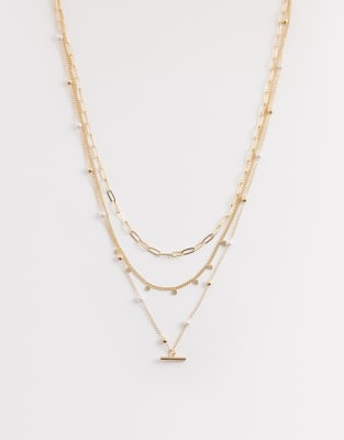 Asos Design Multi-row Necklace With Faux Pearls And T-bar Detail In Gold