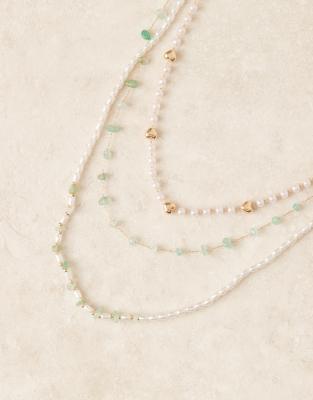 Asos Design Multi Row Necklace With Green Faux Stone Chipping And Faux Pearl Details