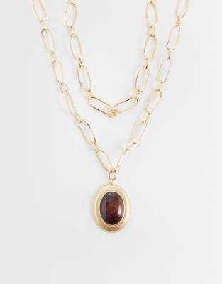 Asos Design Multi-row Necklace With Large Burgundy Resin Pendant In Gold
