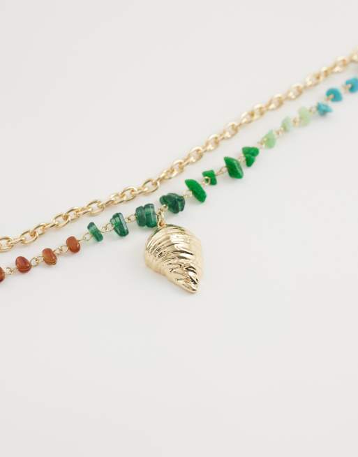 ASOS DESIGN multi-row necklace with multi-coloured faux chippings and shell pendant in gold tone, 4 of 4