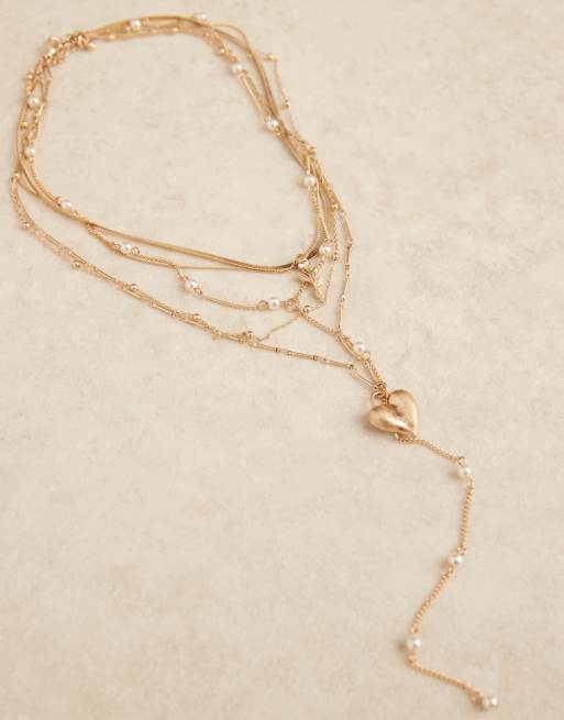 ASOS DESIGN multi-row necklace with pearl and heart detail in brushed gold tone, 3 of 3