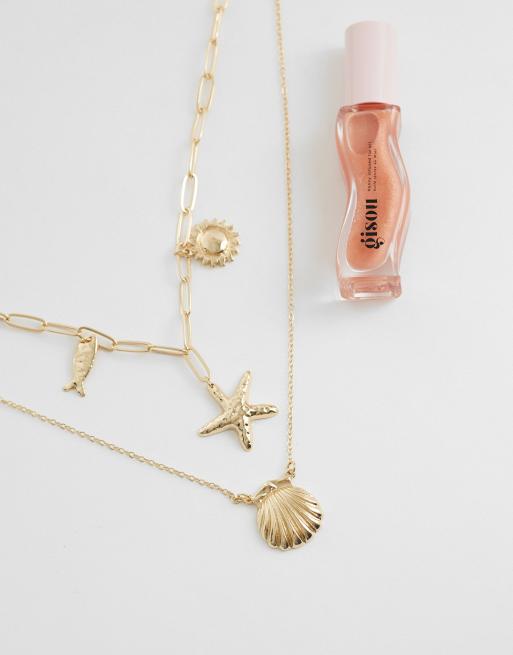 ASOS DESIGN multi-row necklace with sea-life charms in gold tone, 2 of 4