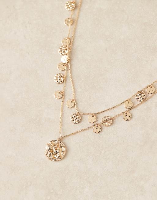 ASOS DESIGN multi-row necklace with textured mini coins and pendant coin in gold tone, 2 of 3
