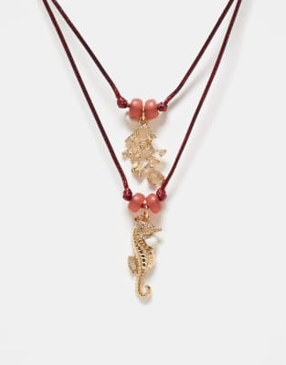 Asos Design Multi-row Red Cord Necklace With Sea Life Charms