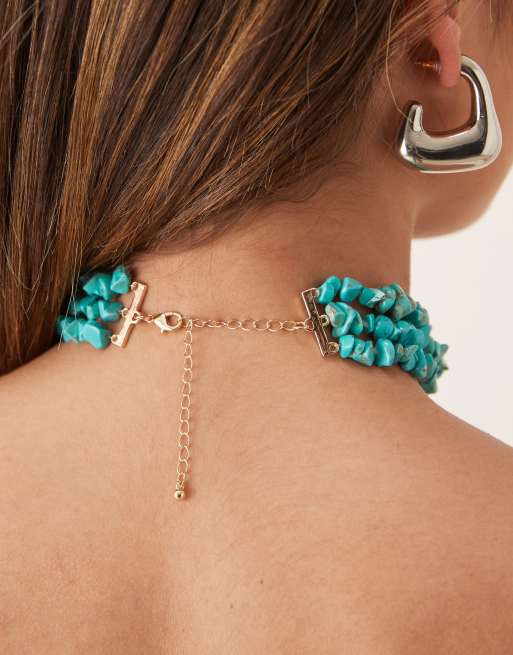 ASOS DESIGN multi-row short necklace in light blue faux stone chippings