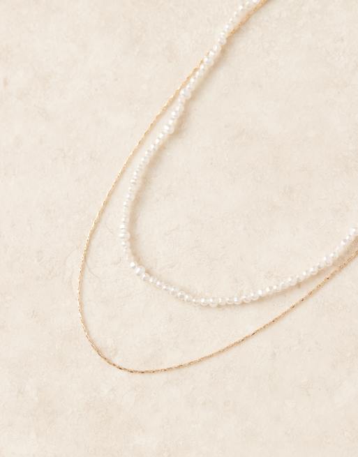 ASOS DESIGN multi row short necklace with faux pearl row and chain in gold tone, 2 of 3