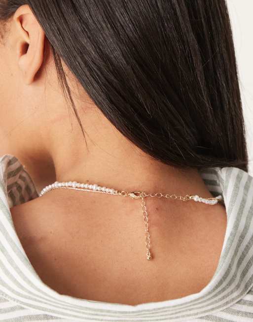 ASOS DESIGN multi row short necklace with faux pearl row and chain in gold tone, 3 of 3