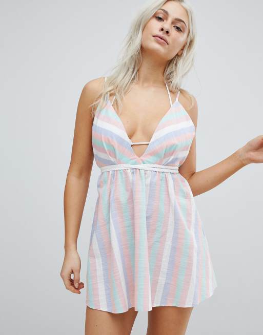 Asos Design Multi Stripe Plait Strap Beach Dress