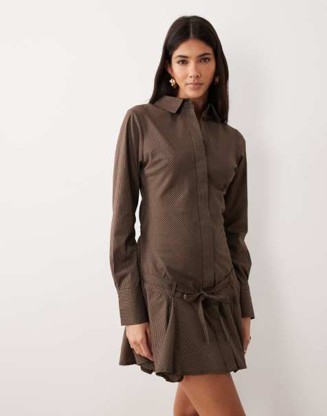 ASOS DESIGN multi tie shirt mini dress with godet skirt in chocolate stripe - view 1