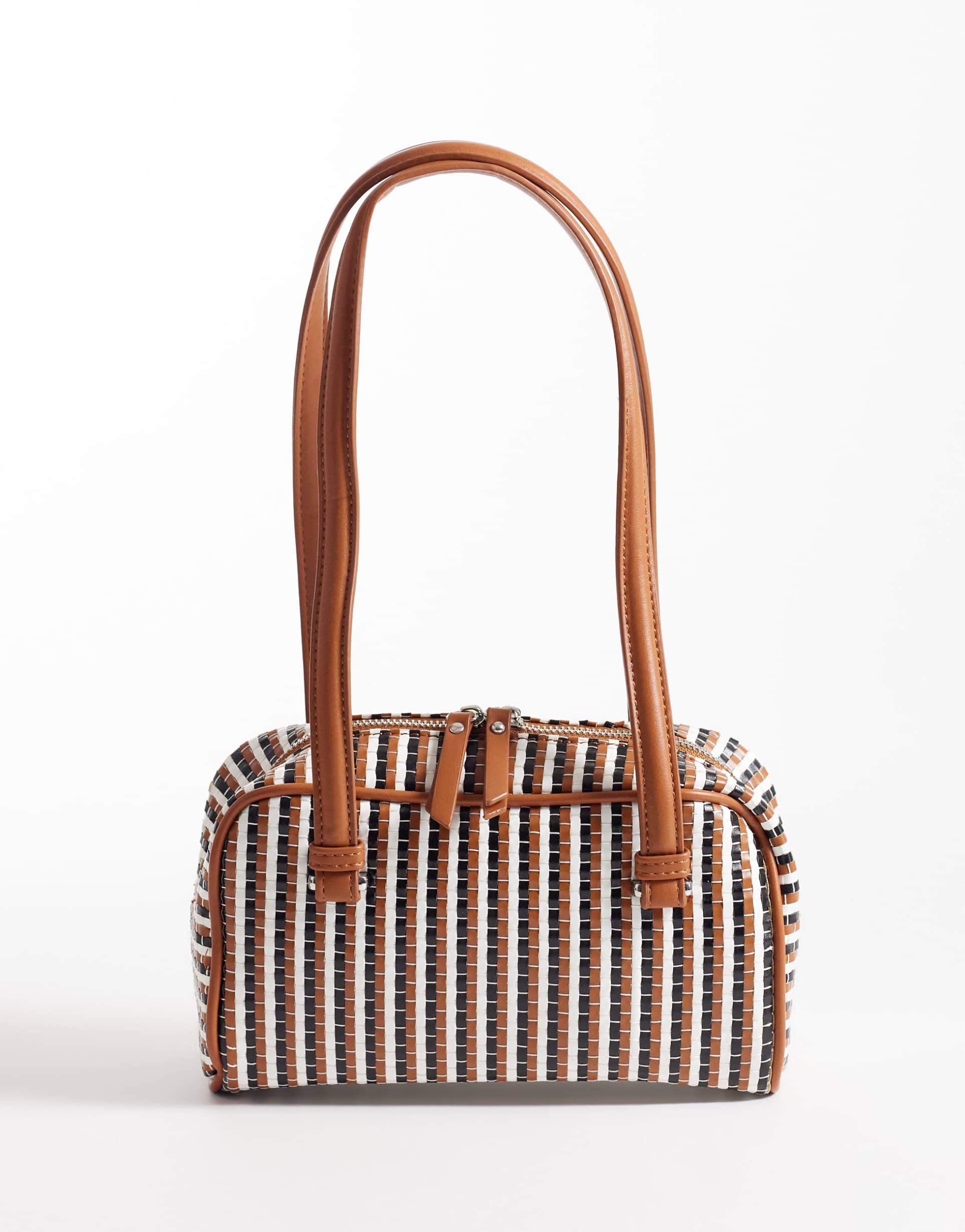 asos design multi weave boxy shoulder bag in tan and black
