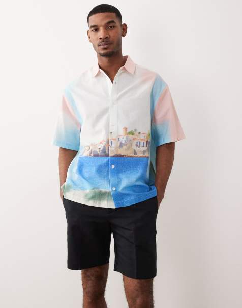 ASOS DESIGN - Multifarvet oversized skjorte med landskabsprint i hørrigt stof - view 1