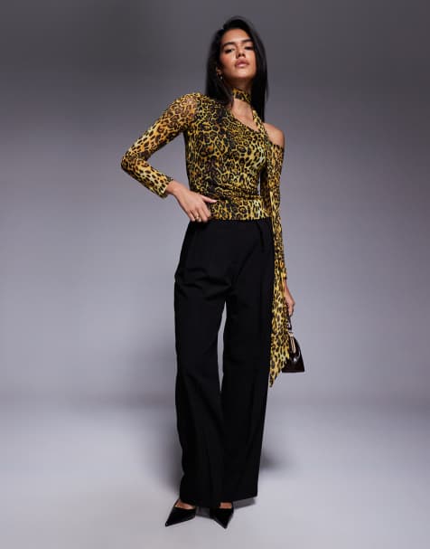 ASOS DESIGN - Multifarvet top med asymmetrisk snit, tørklædedetalje og leopardprint i mesh - view 1