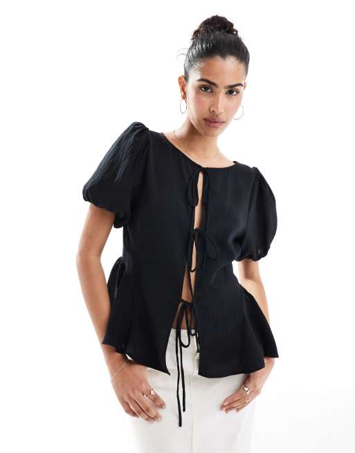 ASOS DESIGN - Multifunktionel bluse med pufærmer i sort