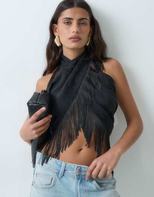ASOS DESIGN multifunktionel satintop med tørklædeeffekt i sort jacquard, 5 af 5