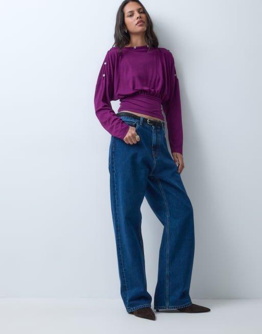 ASOS DESIGN multifunktionel top med knapper og lange ærmer i blomme, 3 af 4