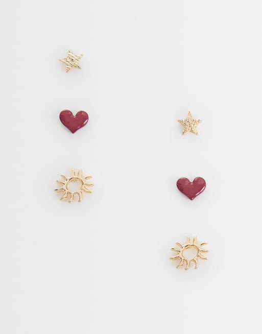 ASOS DESIGN - Multipack de pendientes de botón dorados con diseño esmaltado de corazones y soles