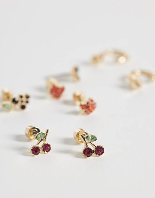 ASOS DESIGN - Multipack de pendientes de botón multicolores con diseño de frutas de cristales, 4 de 4